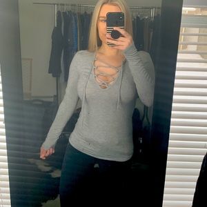 Leith Grey Lace Up Long Sleeve